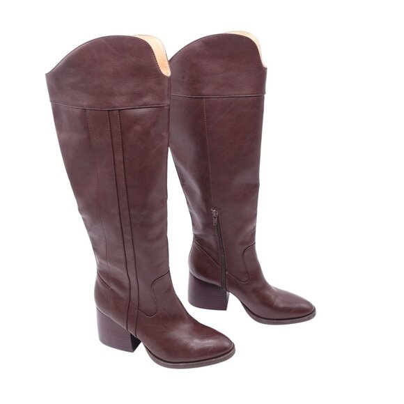 NWOB Korks Scarlet Western Boots Size 7 M Brown Leather Stacked Block Heels - Picture 1 of 7